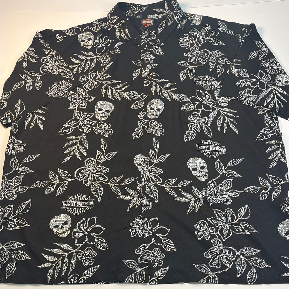Harley-Davidson Black and White Skull Floral Men's Shirt Sz 2XL